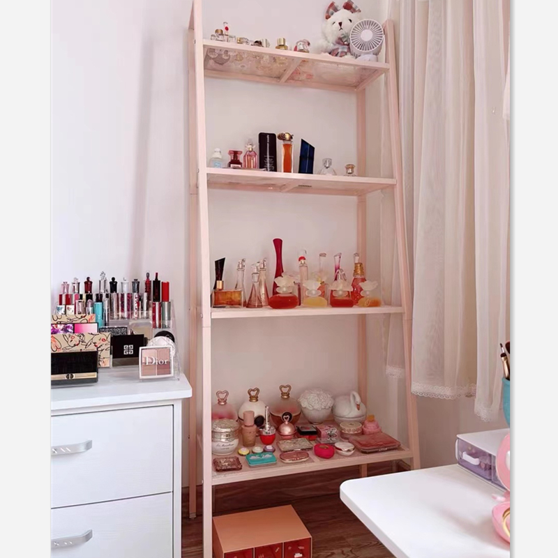 简易卧室化妆品储物架玩具收纳架客厅置物架书架粉色置地式花架子