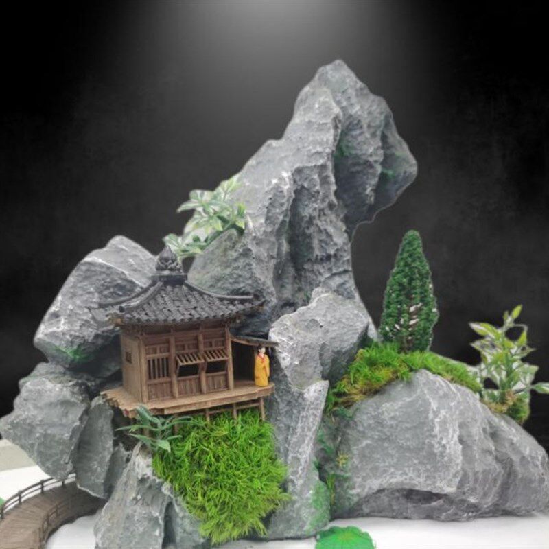 中式桌面装饰摆景 深p山隐居假山石盆景 居室玄关书房古代建筑摆