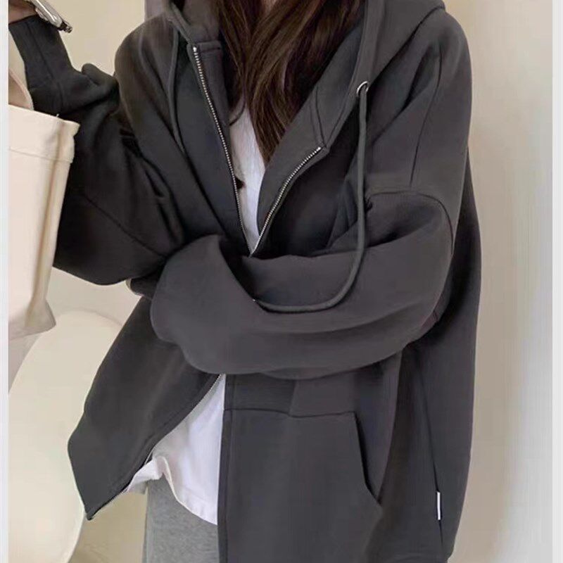 大码胖妹妹卫衣外套女春秋冬新款加绒拉链慵懒风宽松加厚连帽开衫
