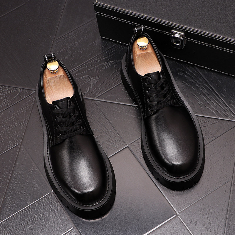 男鞋子新款时尚低帮皮鞋个性圆头休闲鞋厚底增高大头Y鞋白色单鞋