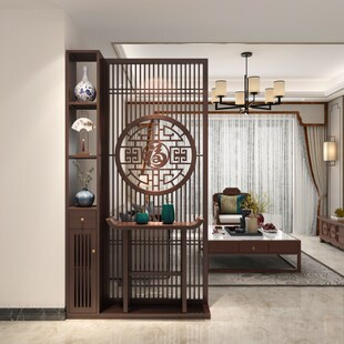 新中式屏风镂空隔断装饰入户遮挡B玄关客厅木格栅置物架一体屏风