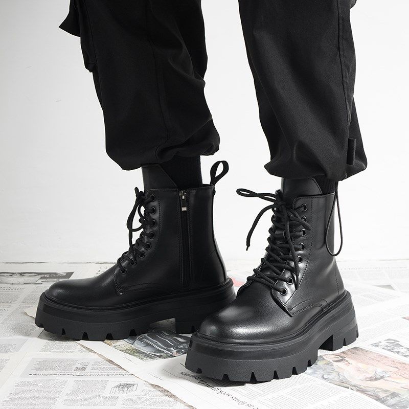 马丁靴男款2024秋冬新款高帮皮鞋英伦风厚底增Q高中帮黑色皮靴子