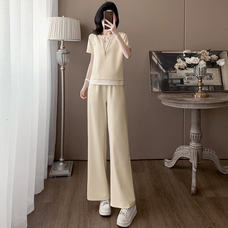 时尚减龄休闲运动套装女2025夏季洋气假两件短袖上衣阔腿裤两件套