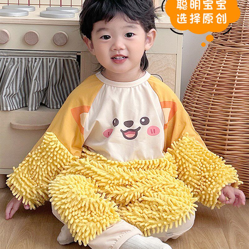 黄色宝宝爬爬服婴幼儿防脏连体罩衣F护膝拖把服长袖户外爬行服秋