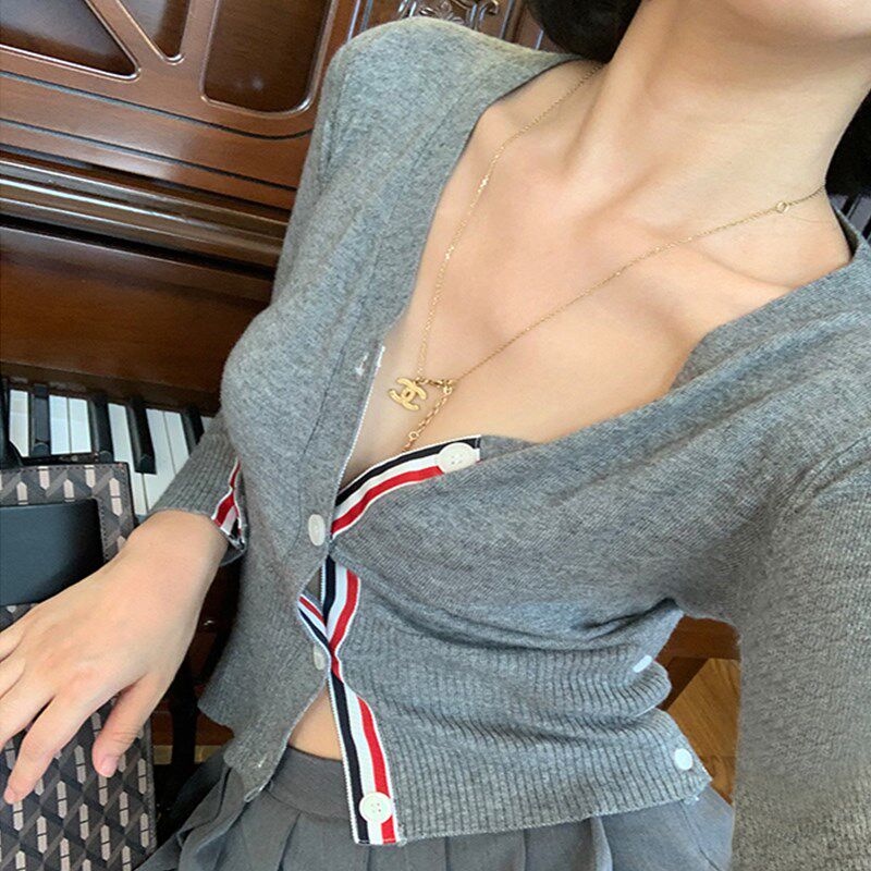 TB开衫毛衣女薄款内搭V领打底针织衫上衣洋气高腰短款修身小外套