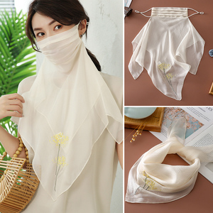国风真丝面纱遮阳面罩夏季薄丝巾女2025新款脖子防晒护颈一体古风