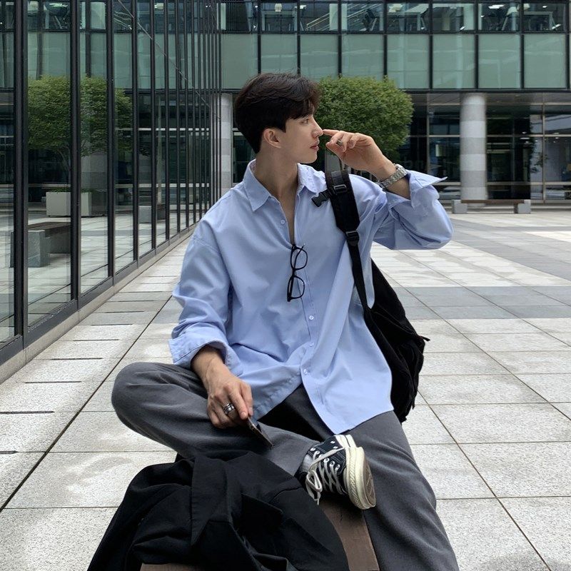 浅蓝色休闲衬衫男士高级感长w袖韩版垂坠感夏天外穿春秋款男生衬