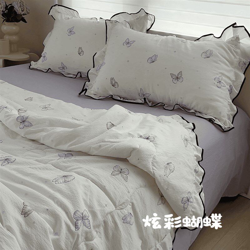 【夏被四件套f】皱皱纱花边云感夏被四件套薄款夏凉被小清新空调