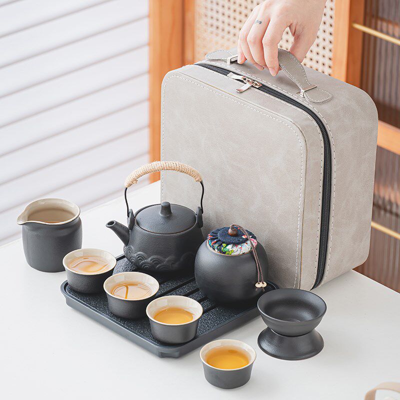 便携式旅行茶具小套装一壶四杯户外露营装备陶瓷T提梁壶泡茶壶茶