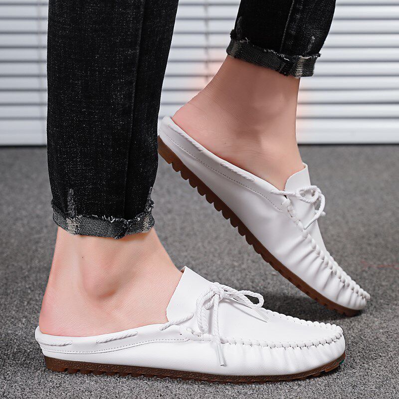 男款白色豆豆鞋半托懒汉无后跟逗逗潮流发型N师懒人拖鞋休息鞋皮