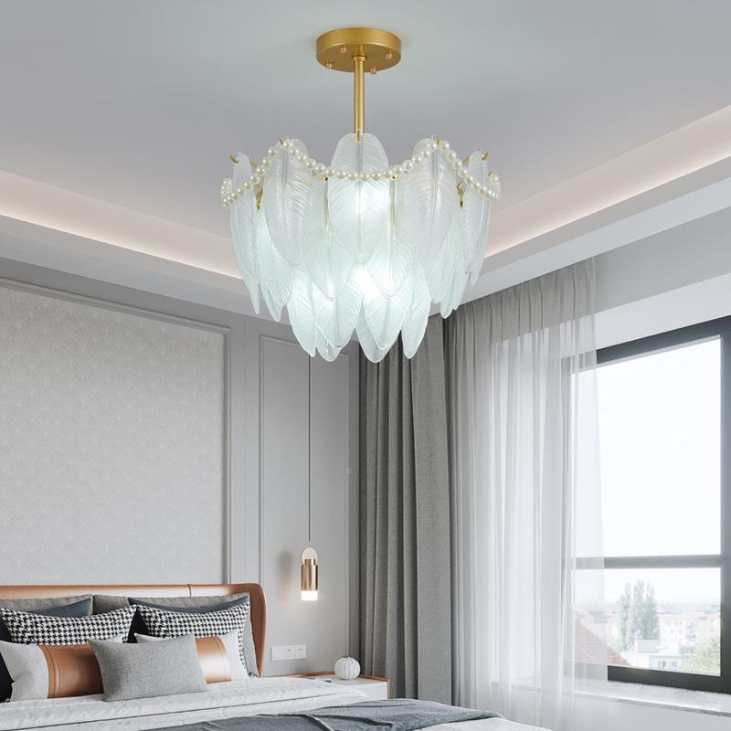 QSDD-羽约法式田园轻奢珍珠羽毛璃吸顶灯装饰现代玻简浪漫主卧书
