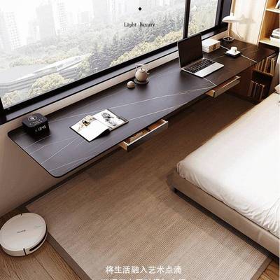 悬FJX长空悬浮挂墙双人长书桌岩板一桌电字板靠窗脑学习黑色条窄