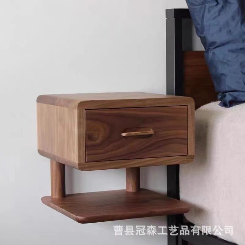 黑胡桃木壁挂床头柜带抽屉收纳