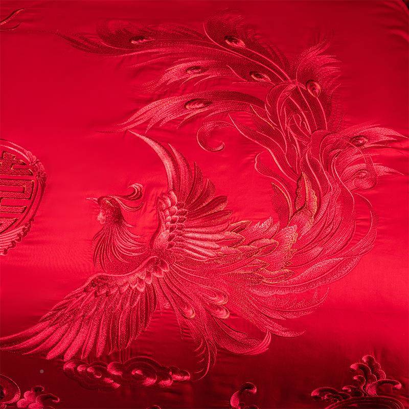 高端长绒棉婚庆四件套床棉全棉绣刺龙凤B-202503红色结婚喜被纯婚