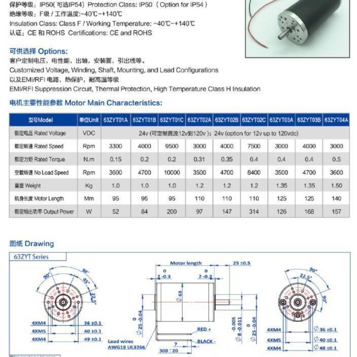 63ZYT02A 12v 24v 40v永磁直流有刷电机 额定3000rpm 100w