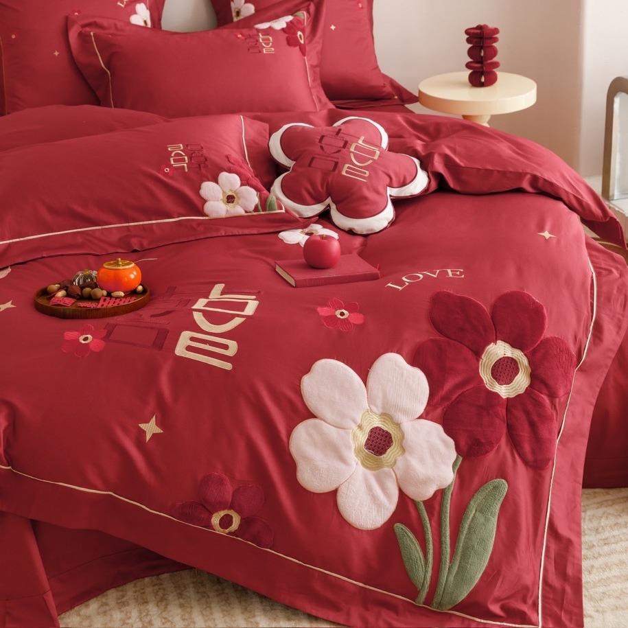 100长绒棉大磨S毛刺绣贴布绣四件套被婚庆红酒红全棉床NL单套纯棉