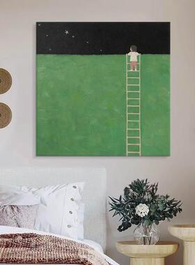 卡通人物纯绘油简画约客厅装饰手画玄关儿ACY455童房丙绿色挂画方