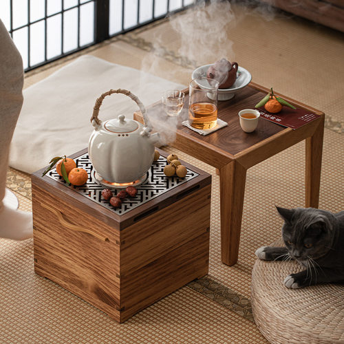 胡桃木围炉茶桌烧炭铁盆茶台桌子茶空间冬日烤炉茶盘一体煮茶炉架