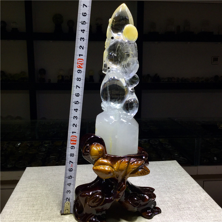 东海水晶天然黄兔毛蝙蝠福在眼前老寿星摆件