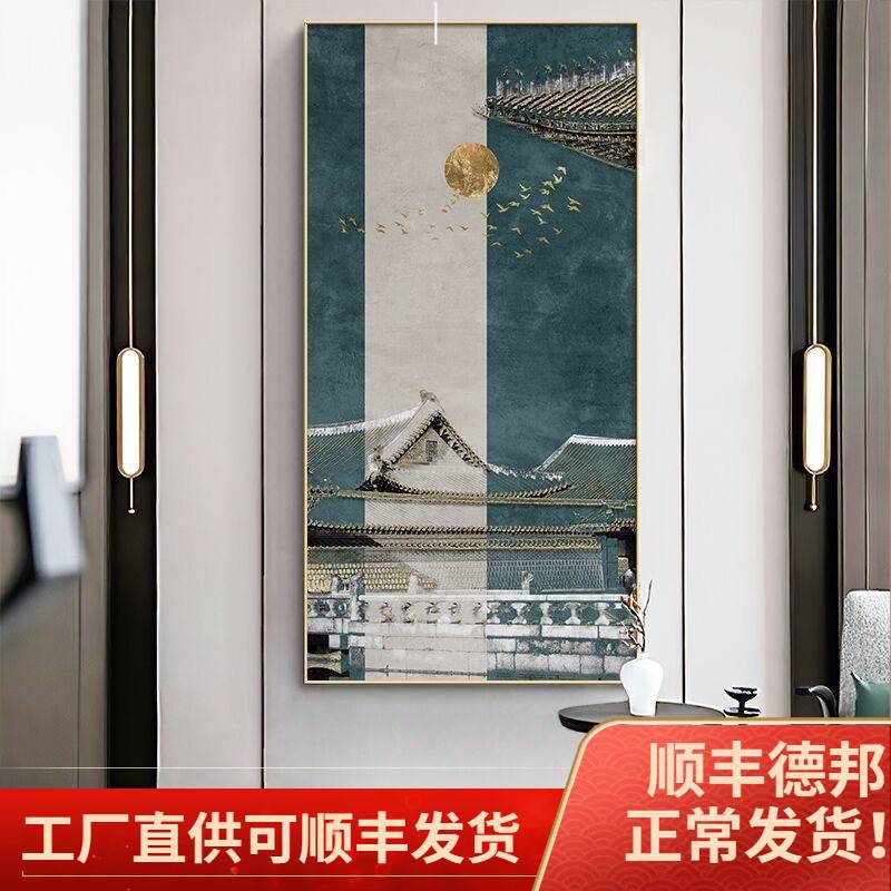新中式玄关挂画大气复古山水装饰画酒店茶室过道走廊建筑楼阁壁画图片