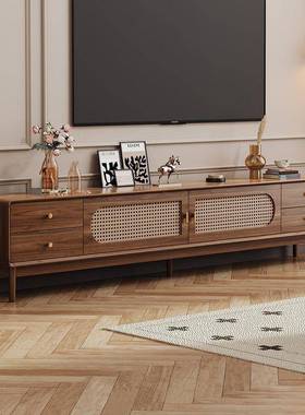 复古简约新中式藤电户柜小型实51188木框视架编客厅家用茶几电视