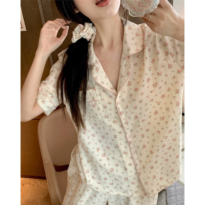 浪漫粉色碎花睡衣女夏季棉麻开衫短袖长裤甜美花边睡裙家居服套装