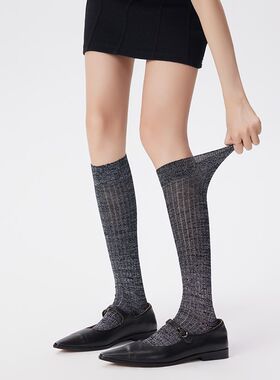 银葱亮丝小腿袜女春秋薄款长筒堆堆袜韩版竖条纹银丝亮闪闪及膝袜
