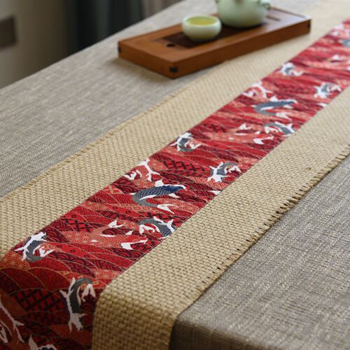 红色锦鲤粗麻桌旗 新年喜庆结婚庆茶席定制茶几Y书桌亚麻中式