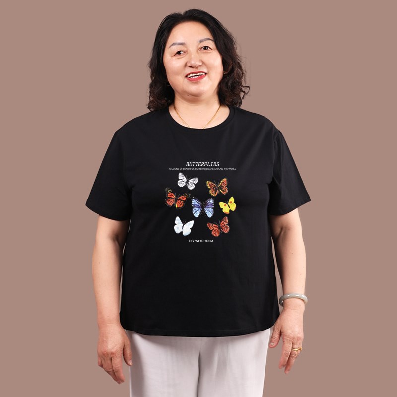 2025新款胖妈妈夏装纯棉短袖T恤上衣中老年女加肥大码打底衫200斤