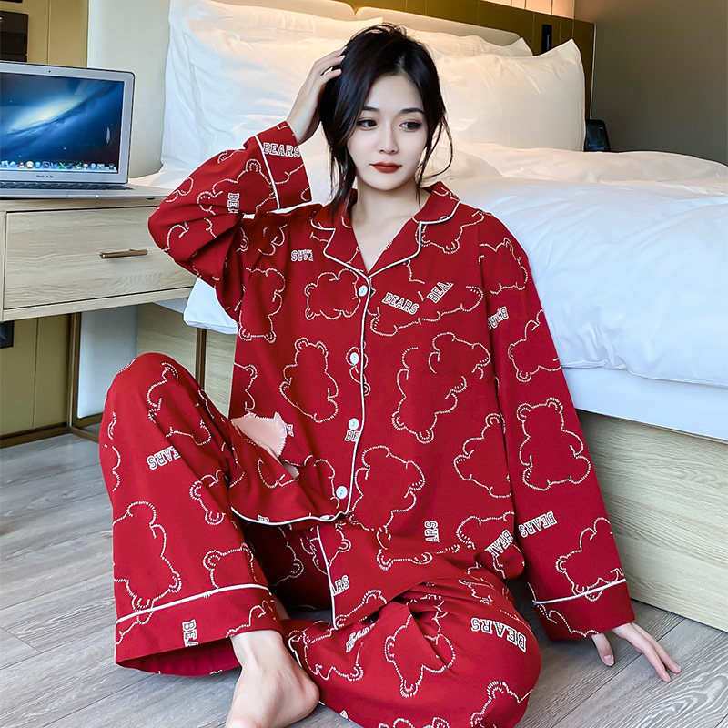 大码女款睡衣加肥加大200斤纯棉开衫套装红色本命年家居服胖m春秋