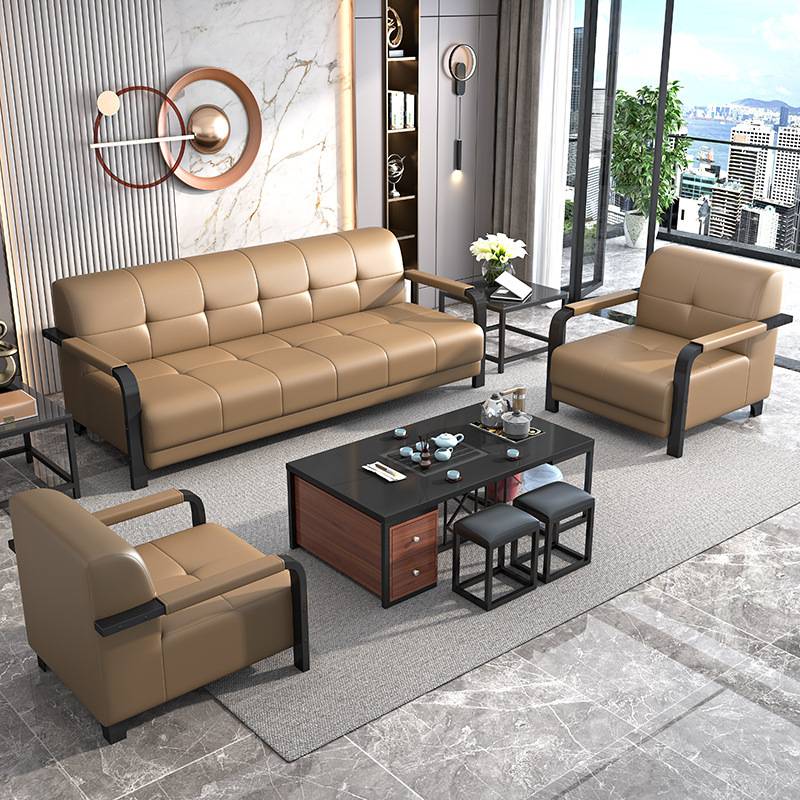 时尚商务办公沙发现代简约接待会客三人位办公室洽谈铁艺茶几组合