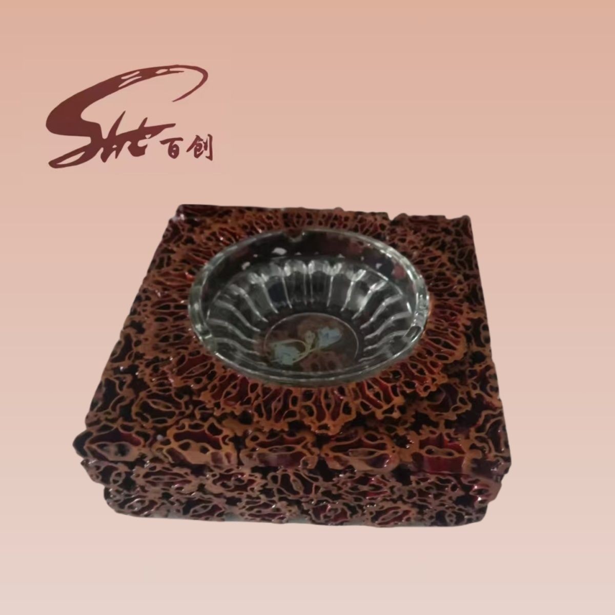 方形烟缸(半填充)-山核桃纯手工艺品摆件