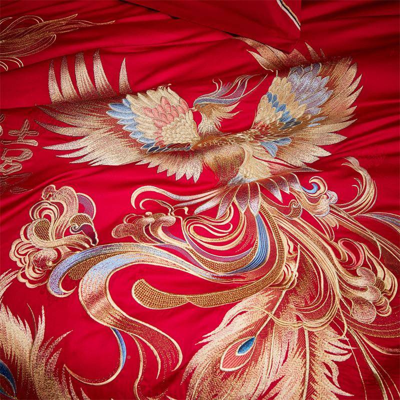 中CDK式婚庆喜刺绣10套长绒棉四件套新婚0陪字嫁红色床单被床上用