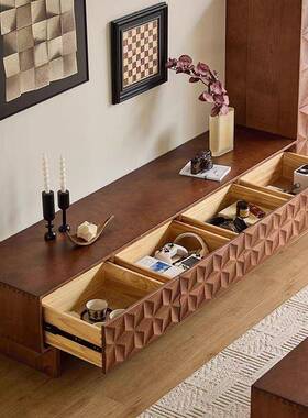 法式复风木电视柜茶小户型客厅卧UYP室落地收纳几实柜储古物柜