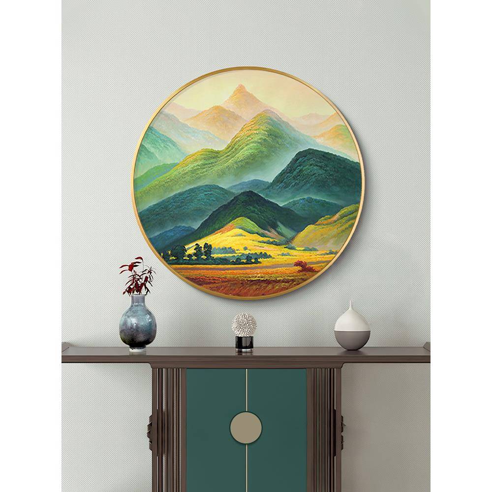 新中式玄关装挂饰画形手绘油画巨人山圆入CD2119户过道画山水风景