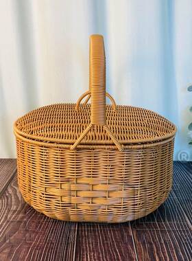 W35带0盖椭圆手篮家用纯手工简创户意约外FYR果蔬篮提野餐篮40*31