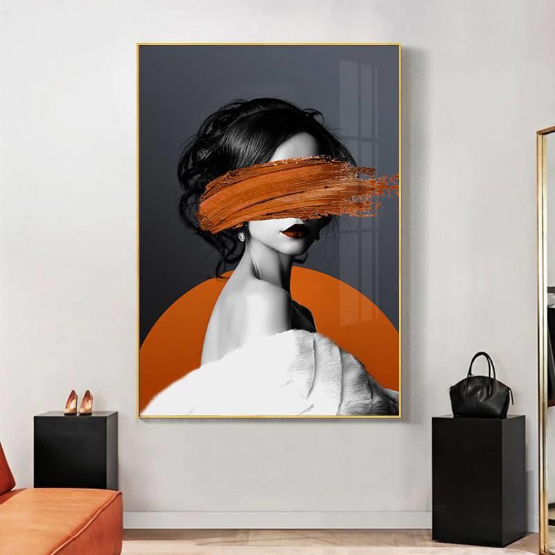 美女玄关装饰画橙色292现壁代轻奢人物画女卧室床头生间打挂画免