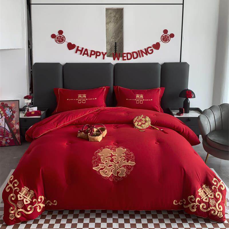 棉全棉刺绣婚庆被春双秋人加厚秋冬大豆婚被芯结喜庆JBX纯羽丝绒