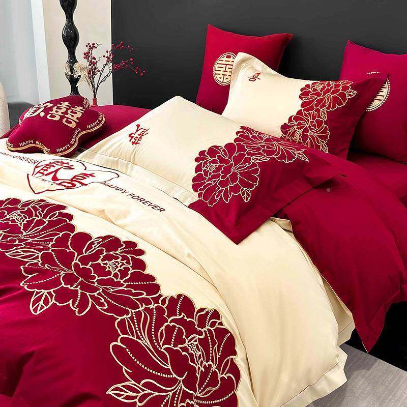 10上0S全棉长绒棉婚四件套红庆色喜刺庆绣纯棉床单被套结TMM24092,床上用品,婚庆床品套件,淘宝优惠券,粉丝福利购,淘宝优惠卷
