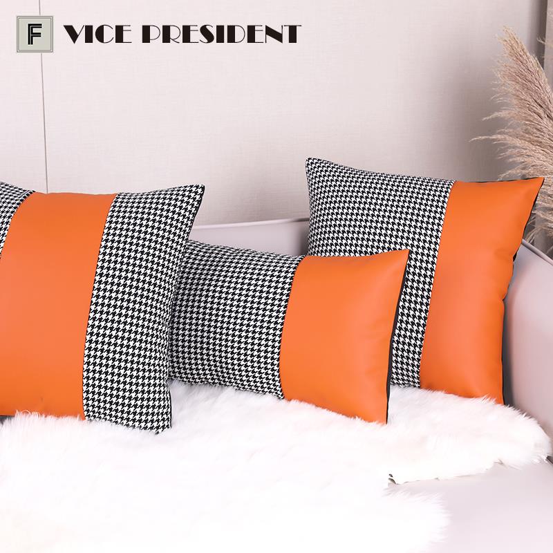 早春现HYuulxrx代简约鸟黑白千格接拼方形抱枕客厅沙发靠垫样板套