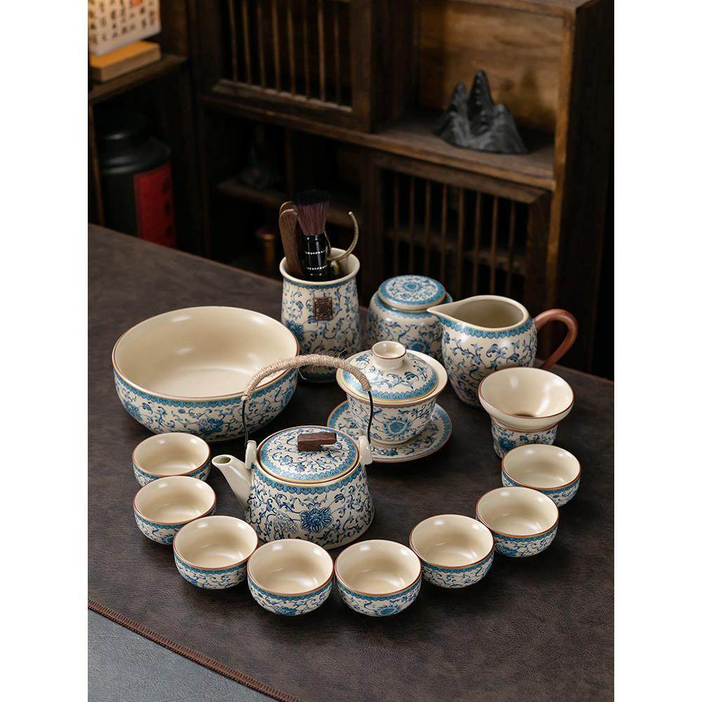 米色汝窑茶具套装家用青花缠枝莲提梁壶盖碗功夫茶盘会客泡茶中式,餐饮具,功夫茶具,淘宝优惠券,粉丝福利购,淘宝优惠卷