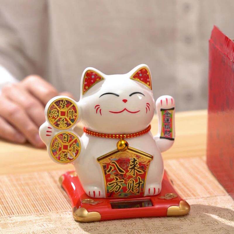 陶瓷太阳能招财猫摆件摇手车载内饰自动招手家居客厅店铺开业礼品