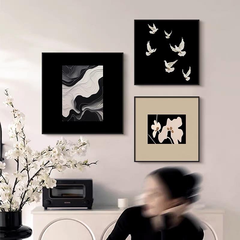 黑白抽象餐厅挂画简约现代高级沙发背景墙壁画复古艺术花鸟装饰画