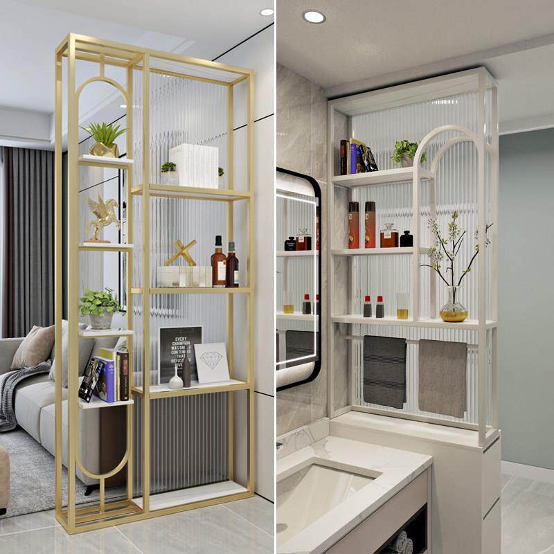 奶油风长虹玻璃屏风隔断客厅装饰置物架金属轻奢化妆室洗漱半墙
