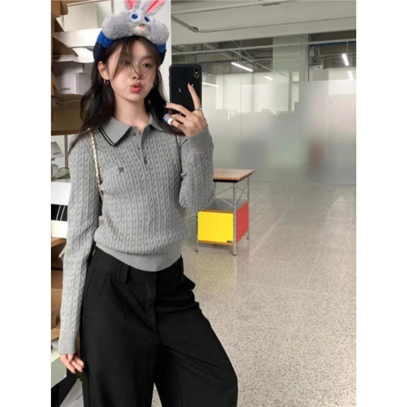 韩系Polo领灰色麻花针织打底衫女秋冬学院风毛衣内搭修身长袖上衣