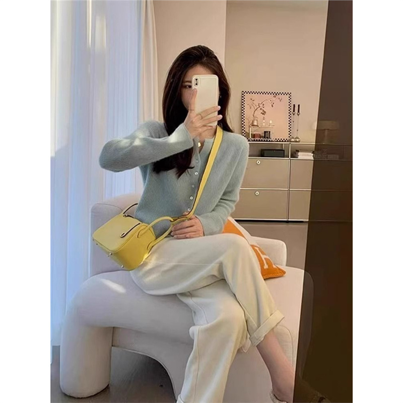 法式高级感蓝色针织开衫女春秋温柔系凡尔赛薄款毛衣外套气质上衣