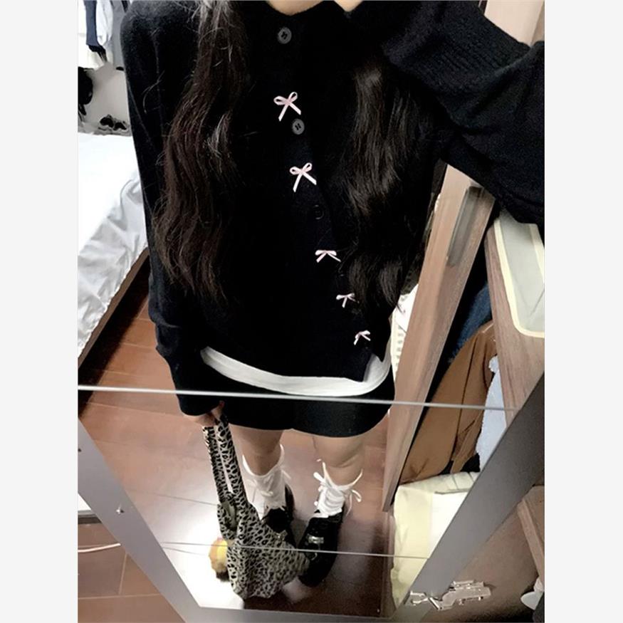 早秋新款韩系黑色针织开衫女秋冬毛衣外套高级感内搭打底上衣