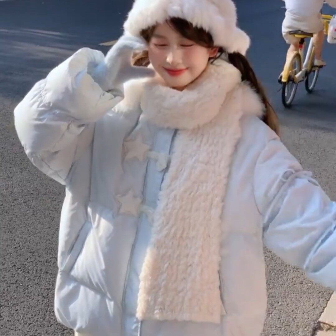 蓝色星星毛领连帽棉服外套女2025冬季新款加厚不臃肿宽松保暖棉袄