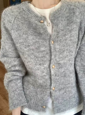 灰色温柔风插肩袖毛衣外套女装秋季韩系气质宽松复古针织开衫上衣