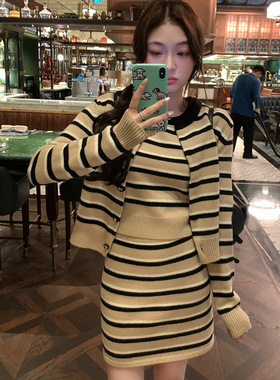 条纹针织衫套装女设计感气质小个子开衫短袖上衣半身裙两件套秋季